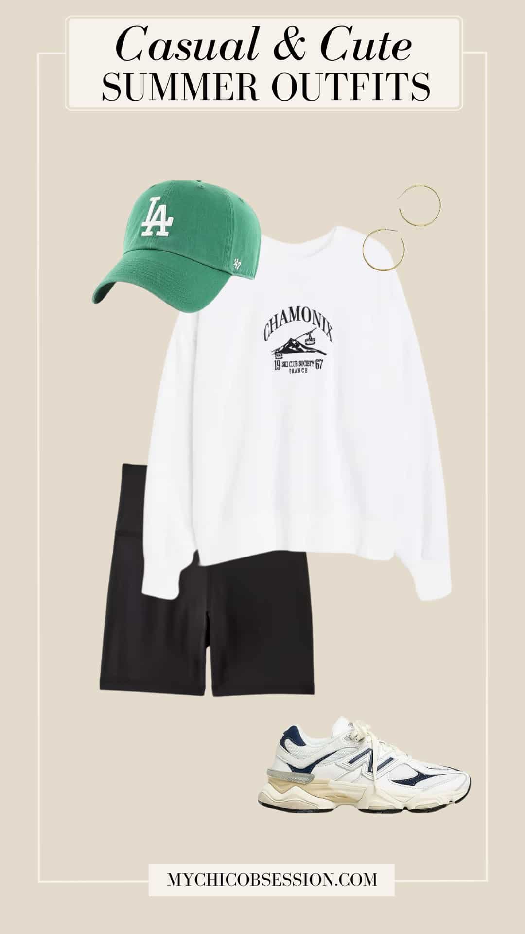 casual cute summer outfits - bike shorts baseball hat chunky sneakers oversized sweatshirt