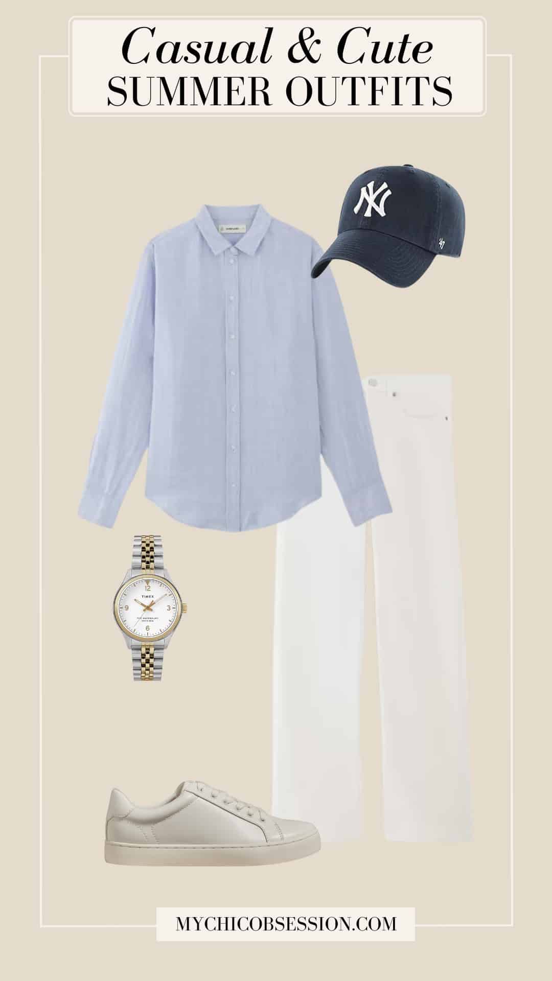 casual cute summer outfits - blue button-down baseball cap white jeans white sneakers