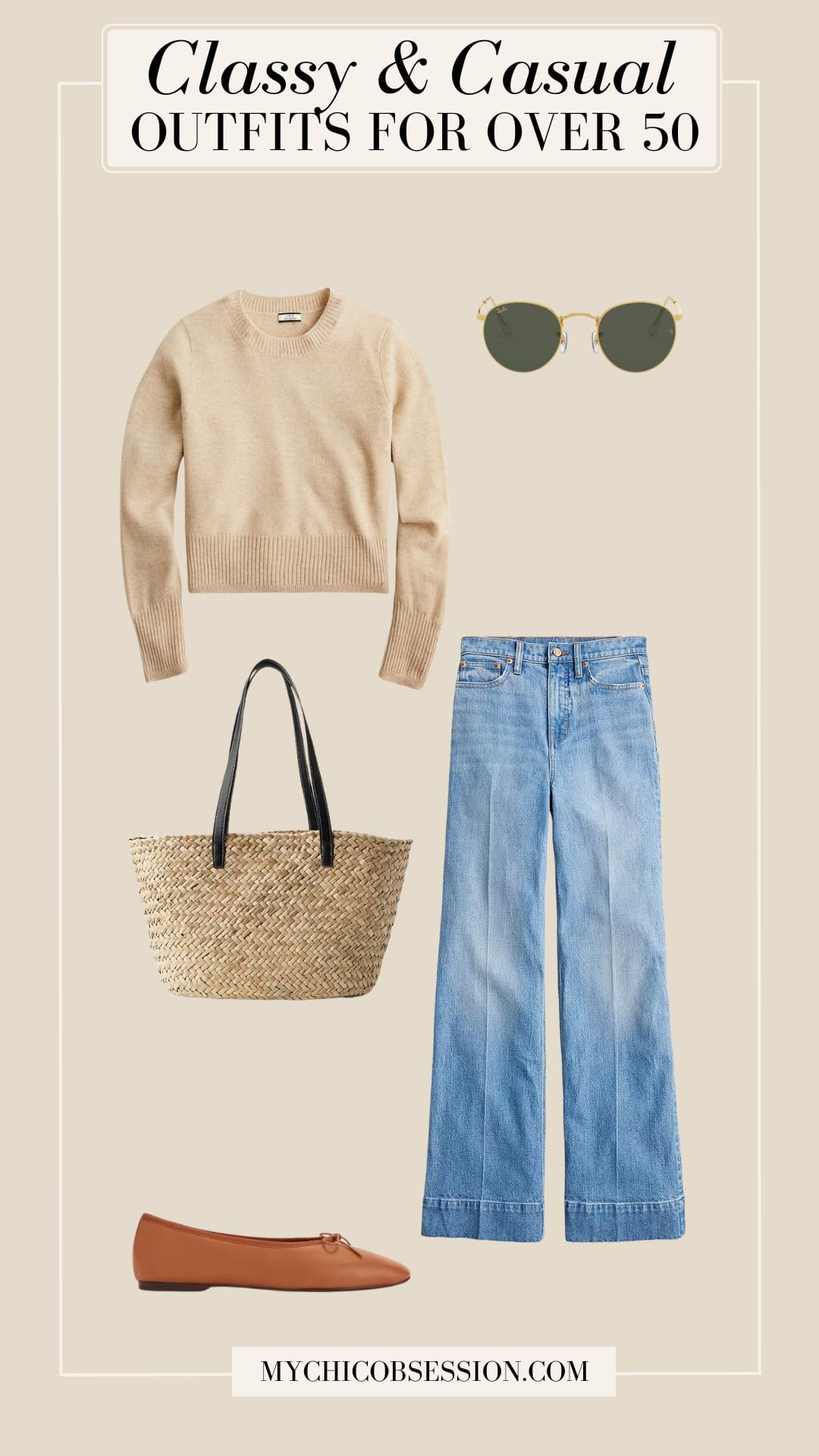 classy casual outfit for ladies over 50 - cashmere sweater jeans straw tote sunglasses