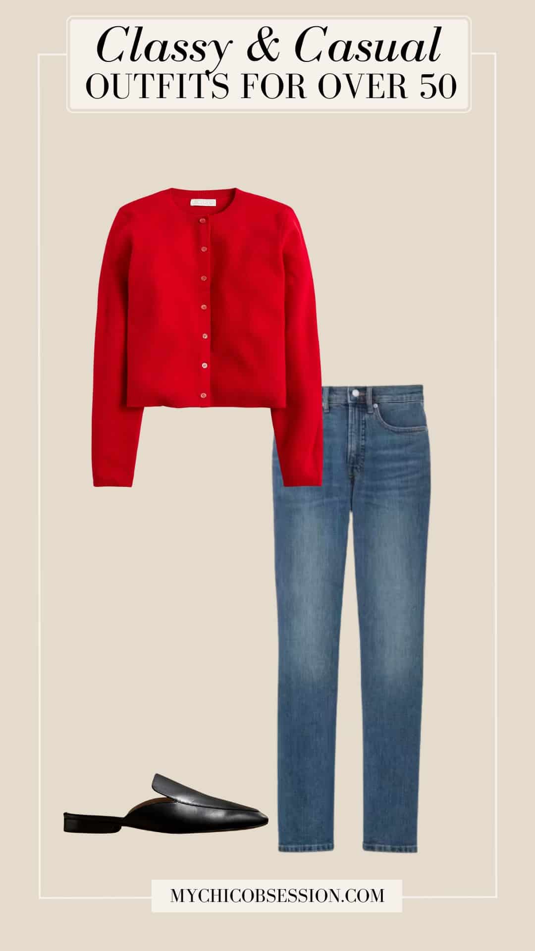 classy casual outfit for ladies over 50 - red cardigan skinny jeans leather mules