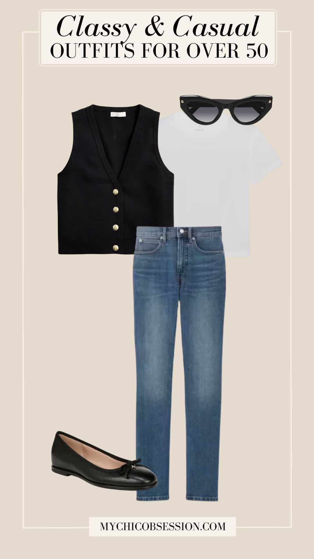 classy casual outfit for ladies over 50 - sunglasses sweater vest skinny jeans white t-shirt ballet flats