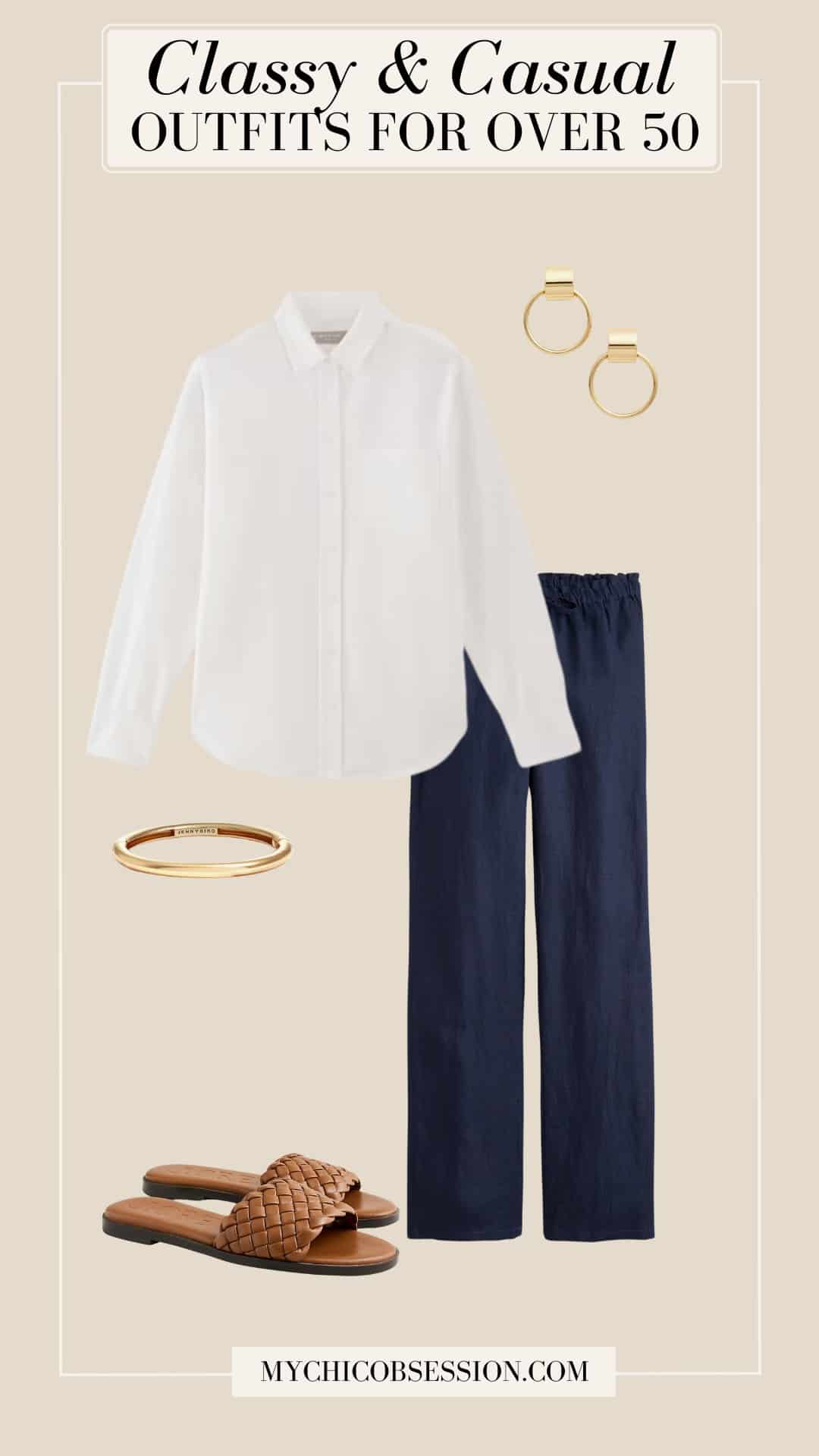 classy casual outfit for ladies over 50 - white button down pull on pants gold jewelry