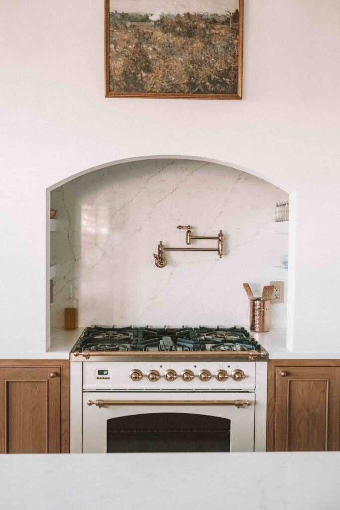 quartz slab backsplash behind oven