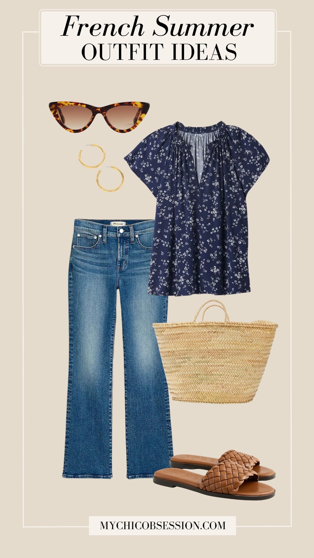french summer outfit - floral top flare jeans woven sandals basket tote