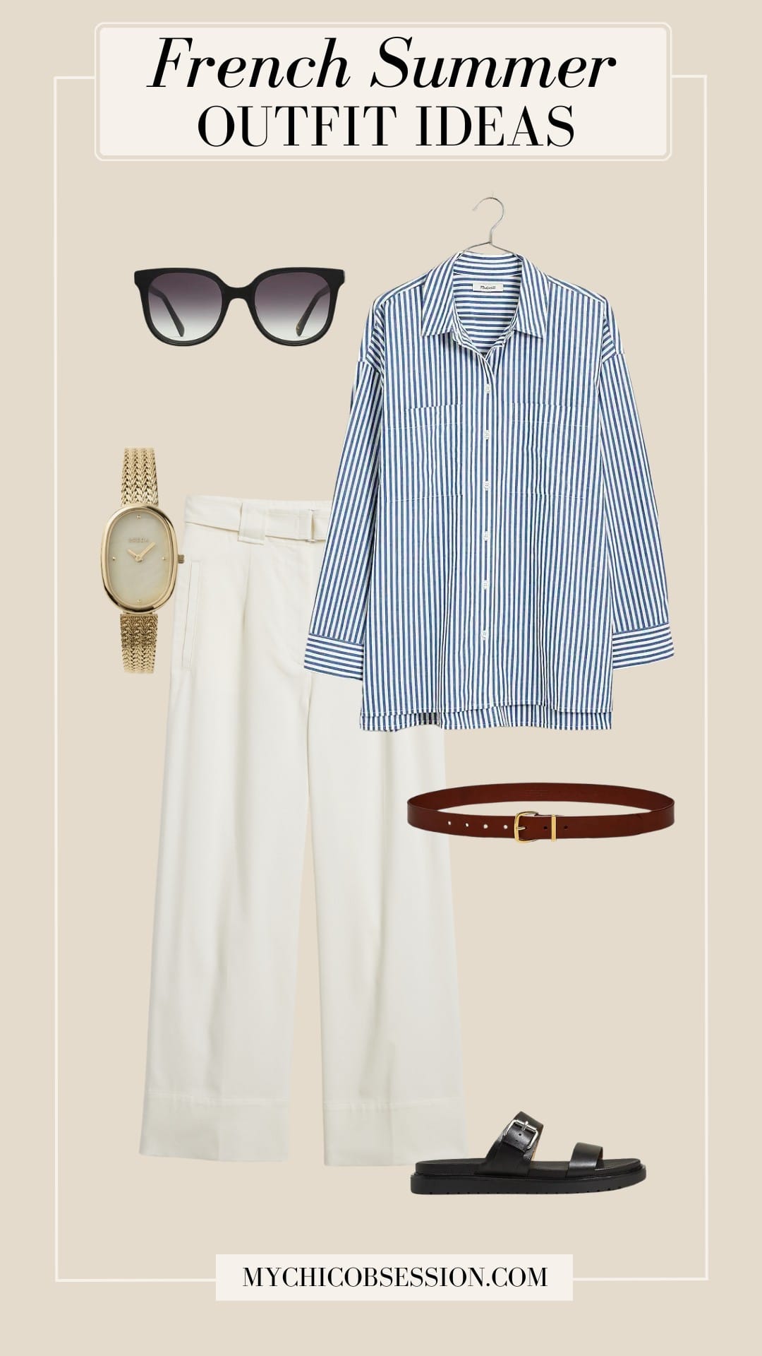 french summer outfit - linen trousers oversized button-down shirt gold watch