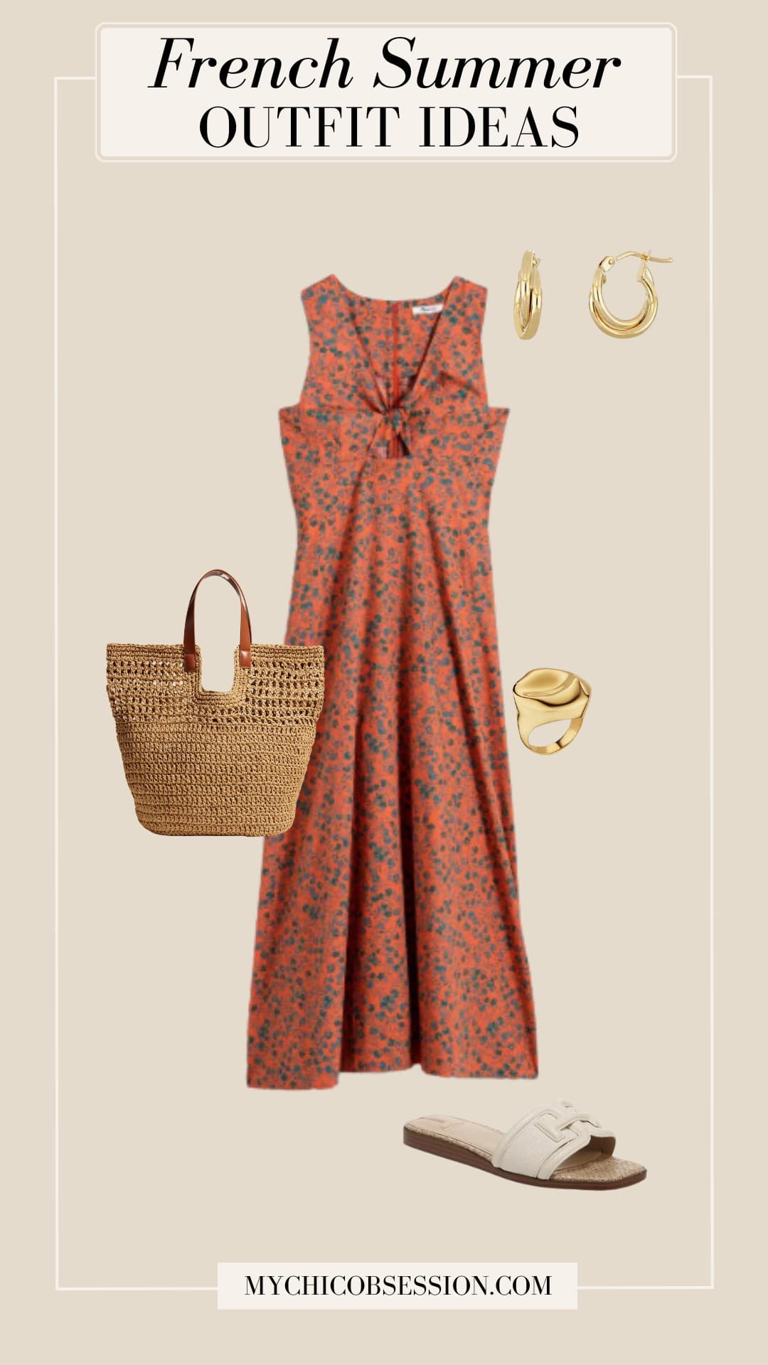 french summer outfit - floral midi dress sandals woven tote bag gold jewelry