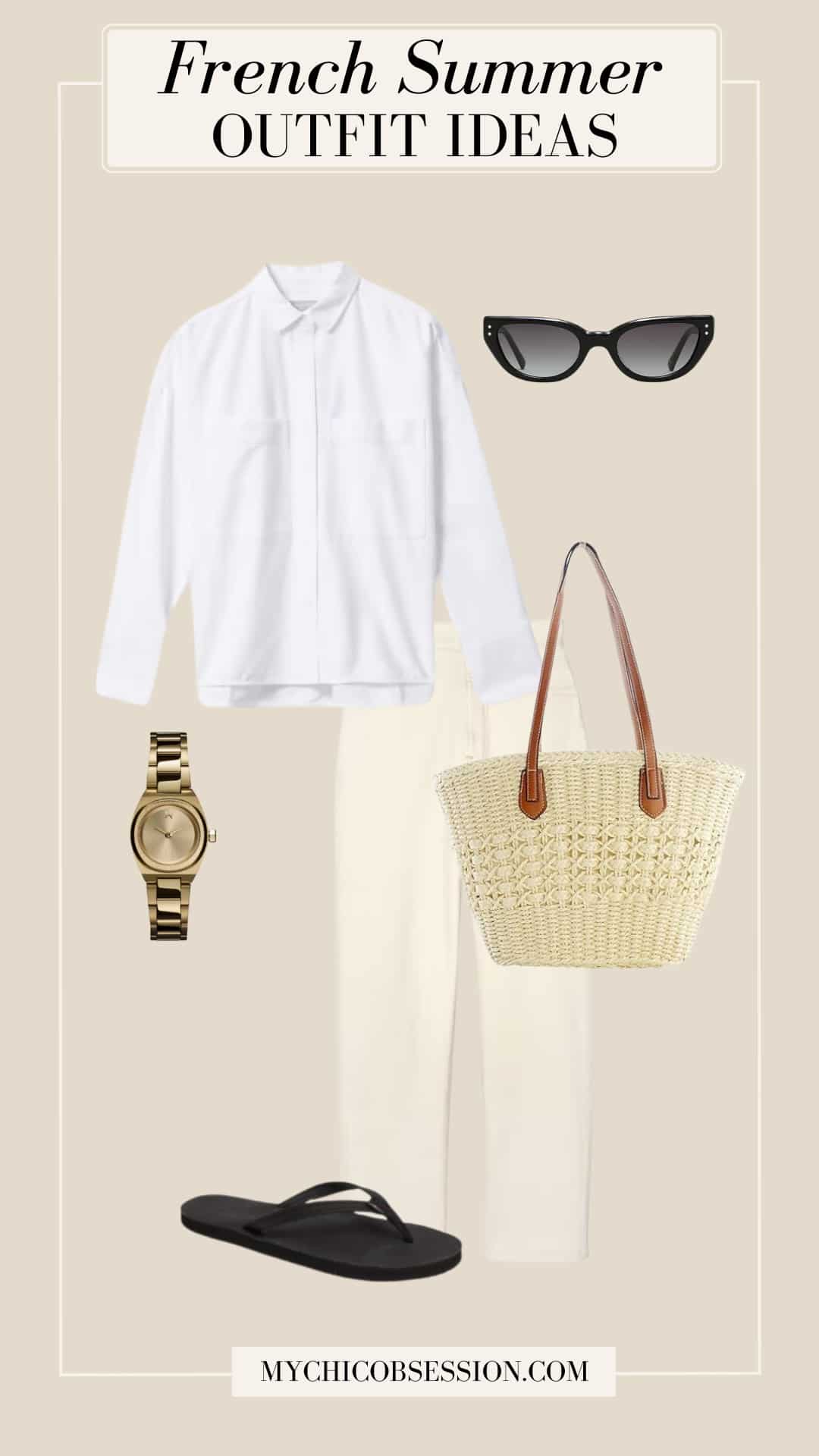 french summer outfit - oxford shirt basket tote light jeans gold watch flip flops 