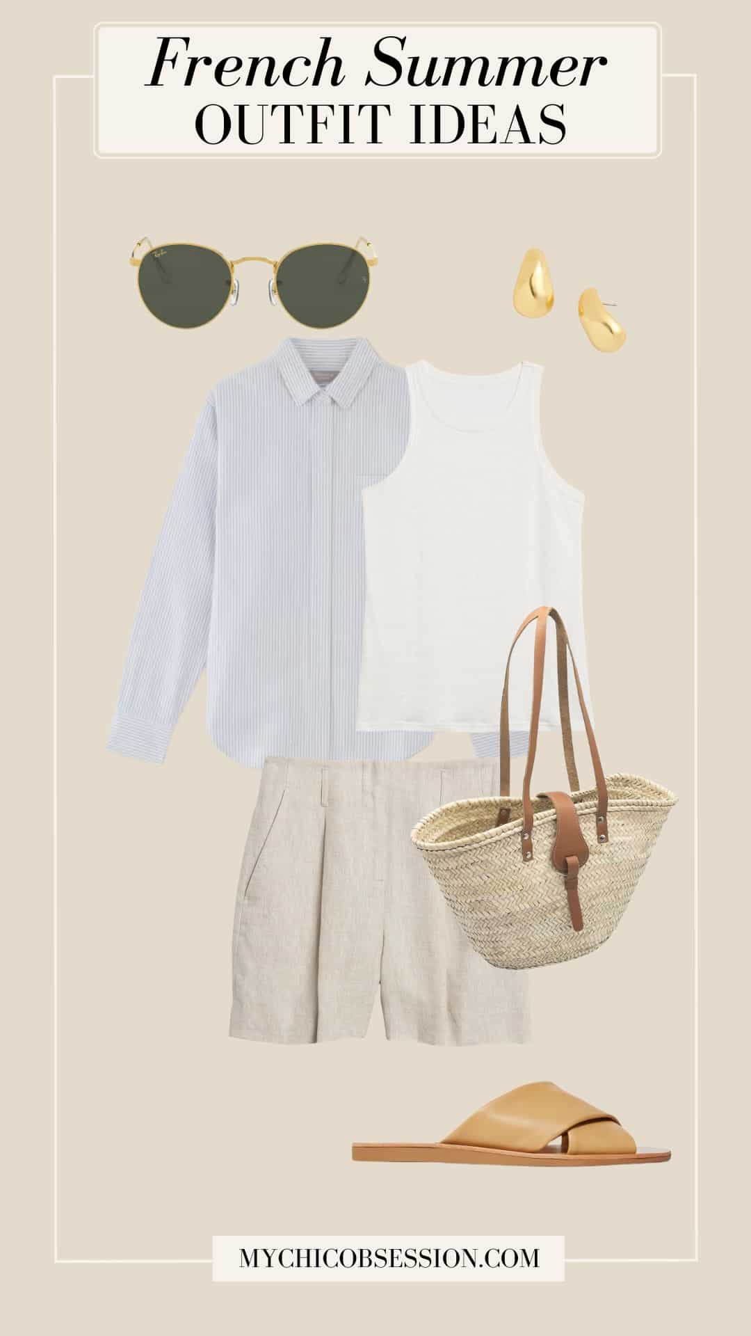 french summer outfit - sunglasses white tank top button down shirt linen shorts sandals