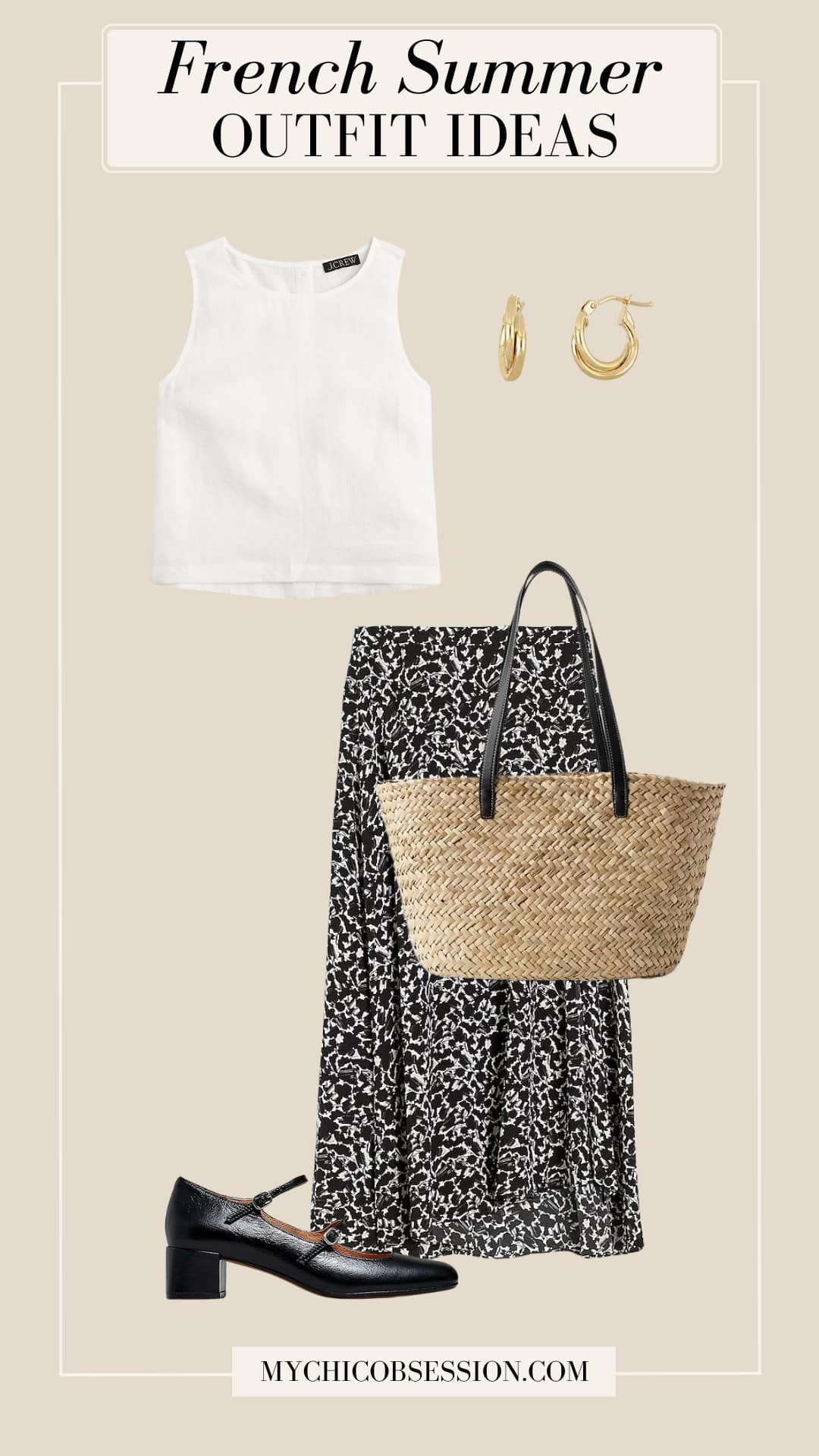 french summer outfit - linen tank midi skirt basket tote mary jane heels