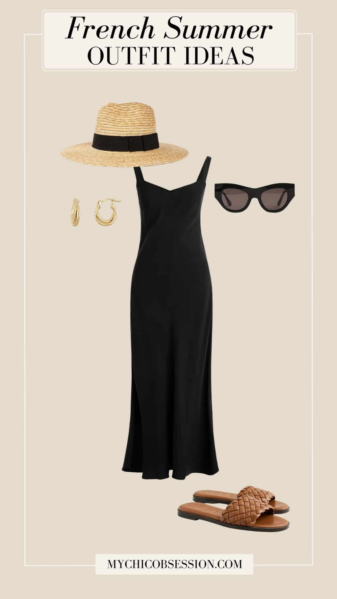 french summer outfit - little black dress straw hat woven sandals