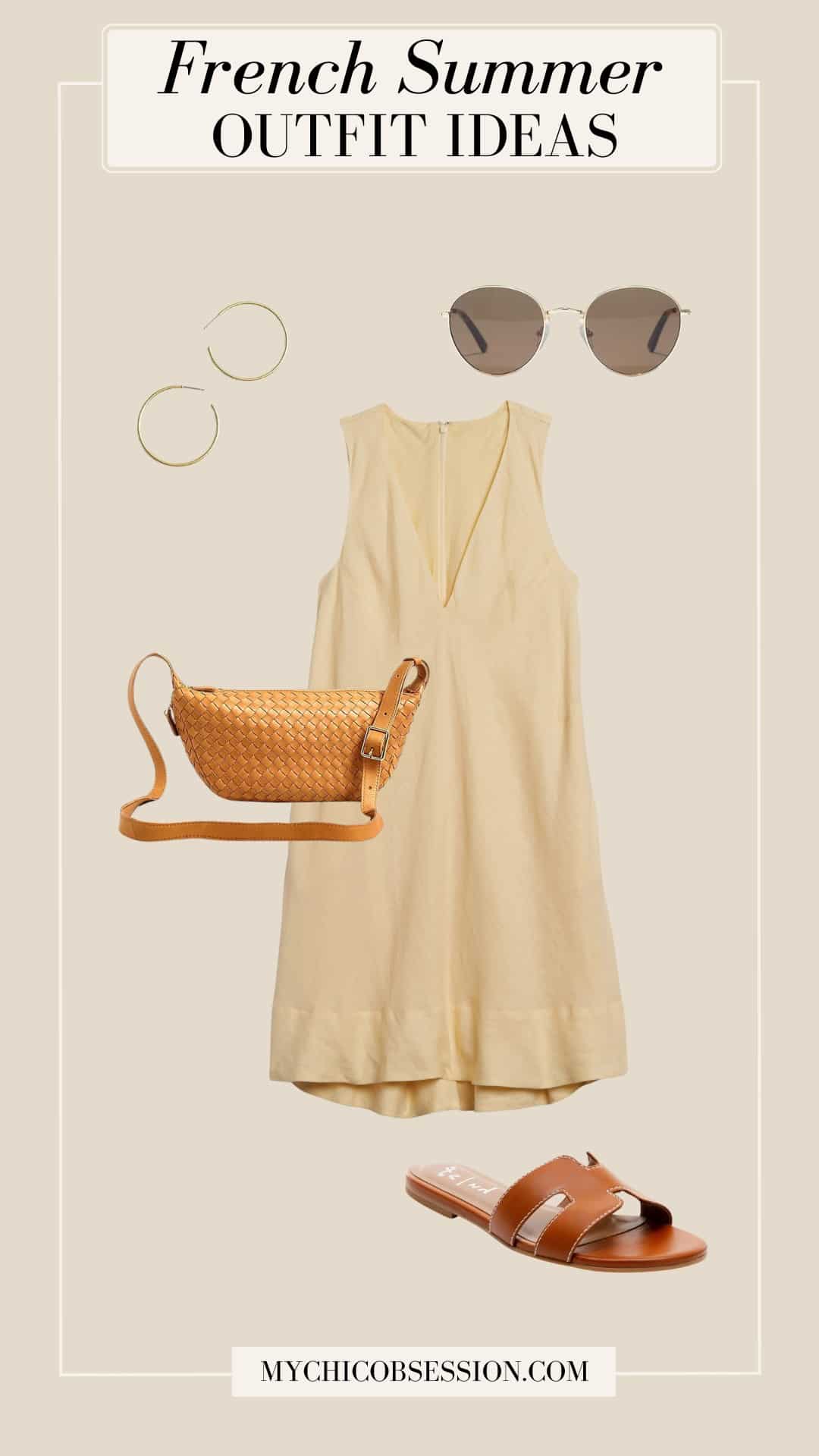 french summer outfit - yellow mini dress woven crossbody cognac leather sandals