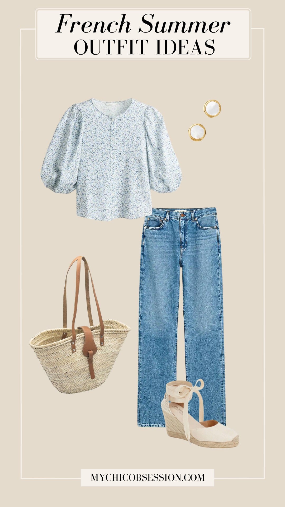 french summer outfit - floral top straight leg jeans basket tote