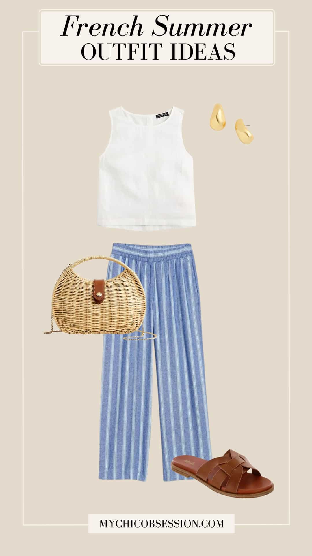 french summer outfit - woven bag linen tank linen striped pants