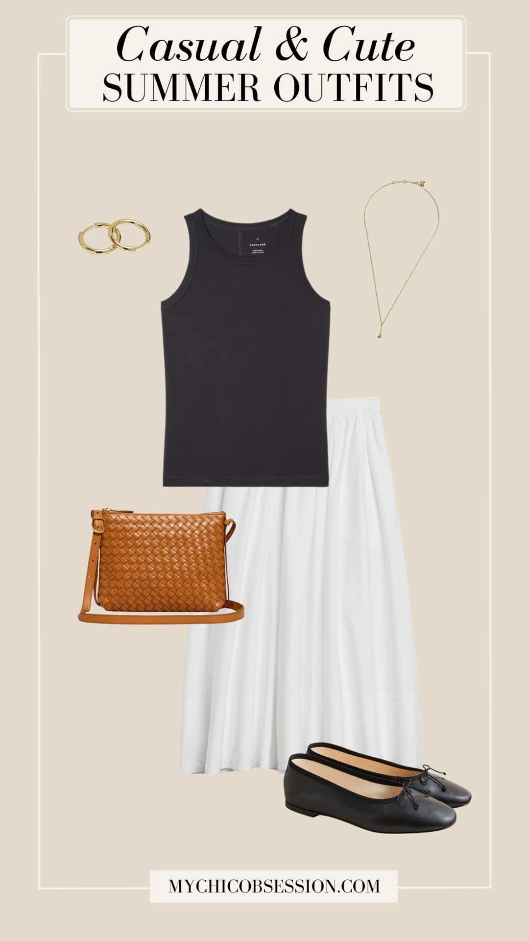 casual cute summer outfits - black tank top white midi skirt woven crossbody bag ballet flats