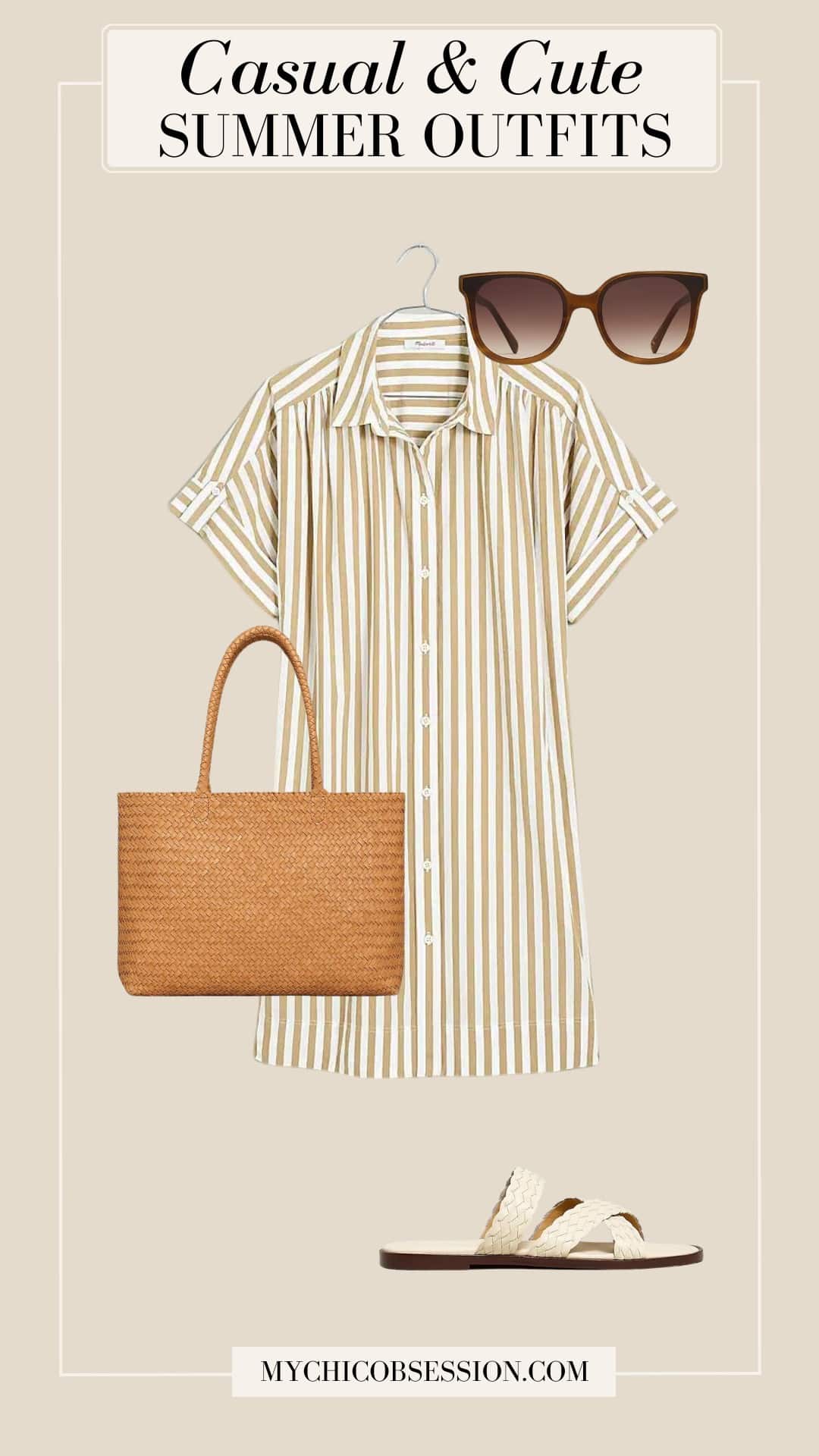 casual cute summer outfits - shirtdress woven tote bag sunglasses sandals
