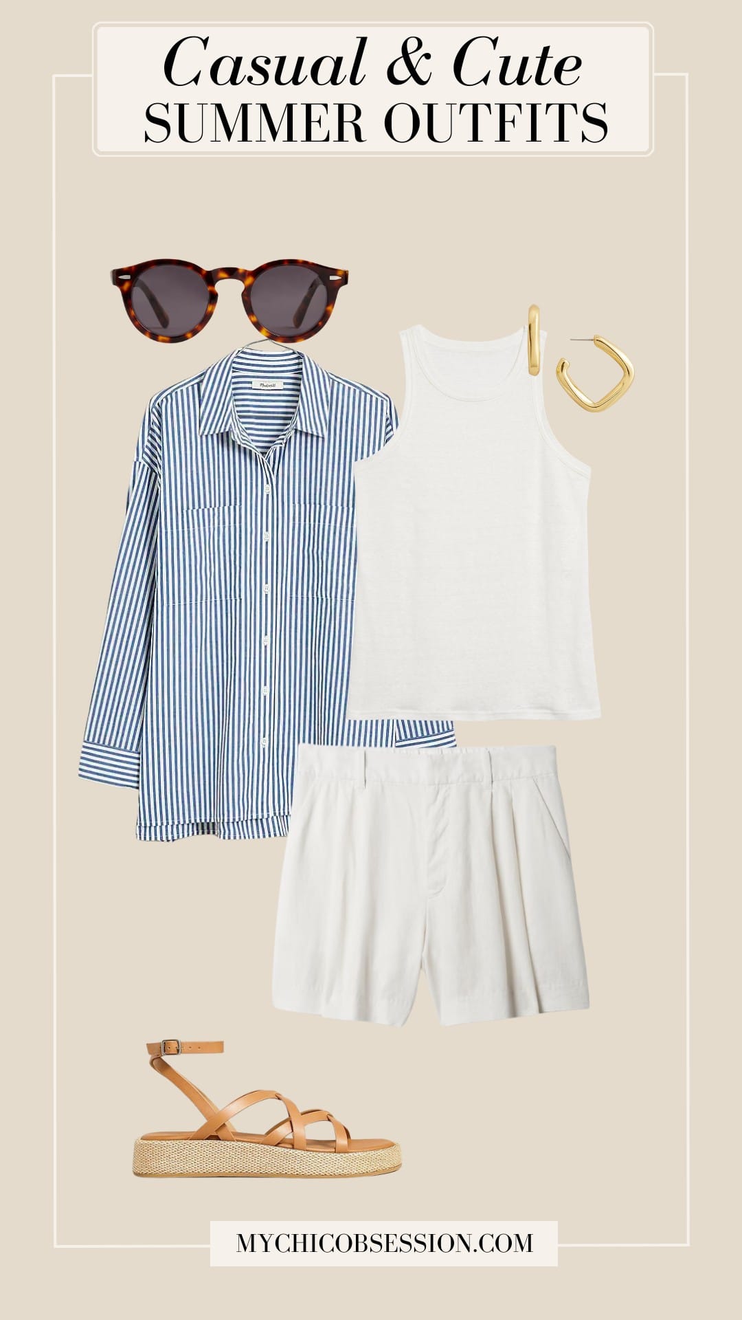 casual cute summer outfits - white tank top striped button down linen shorts