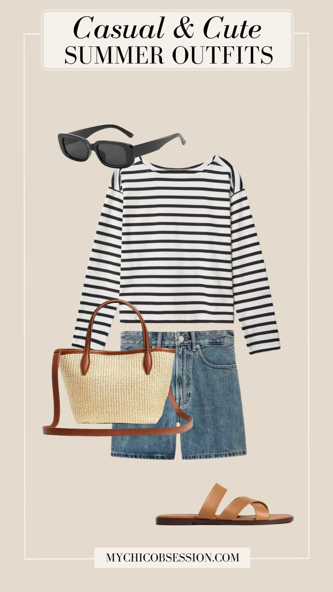 casual cute summer outfits - striped tee denim shorts leather sandals woven tote