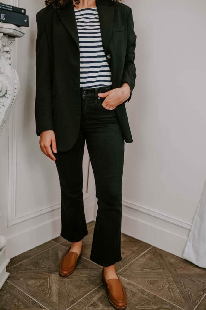 cute outfits with jeans: striped shirt, crop flare jeans, blazer, loafers