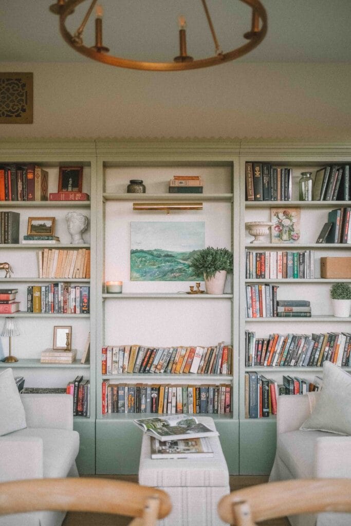 bookcases in a sunroom