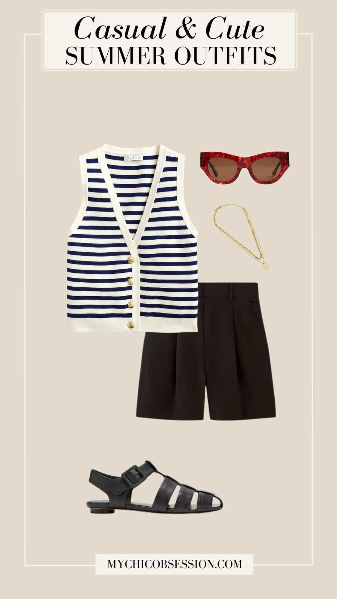 casual cute summer outfits - vest top linen shorts fisherman sandals sunglasses