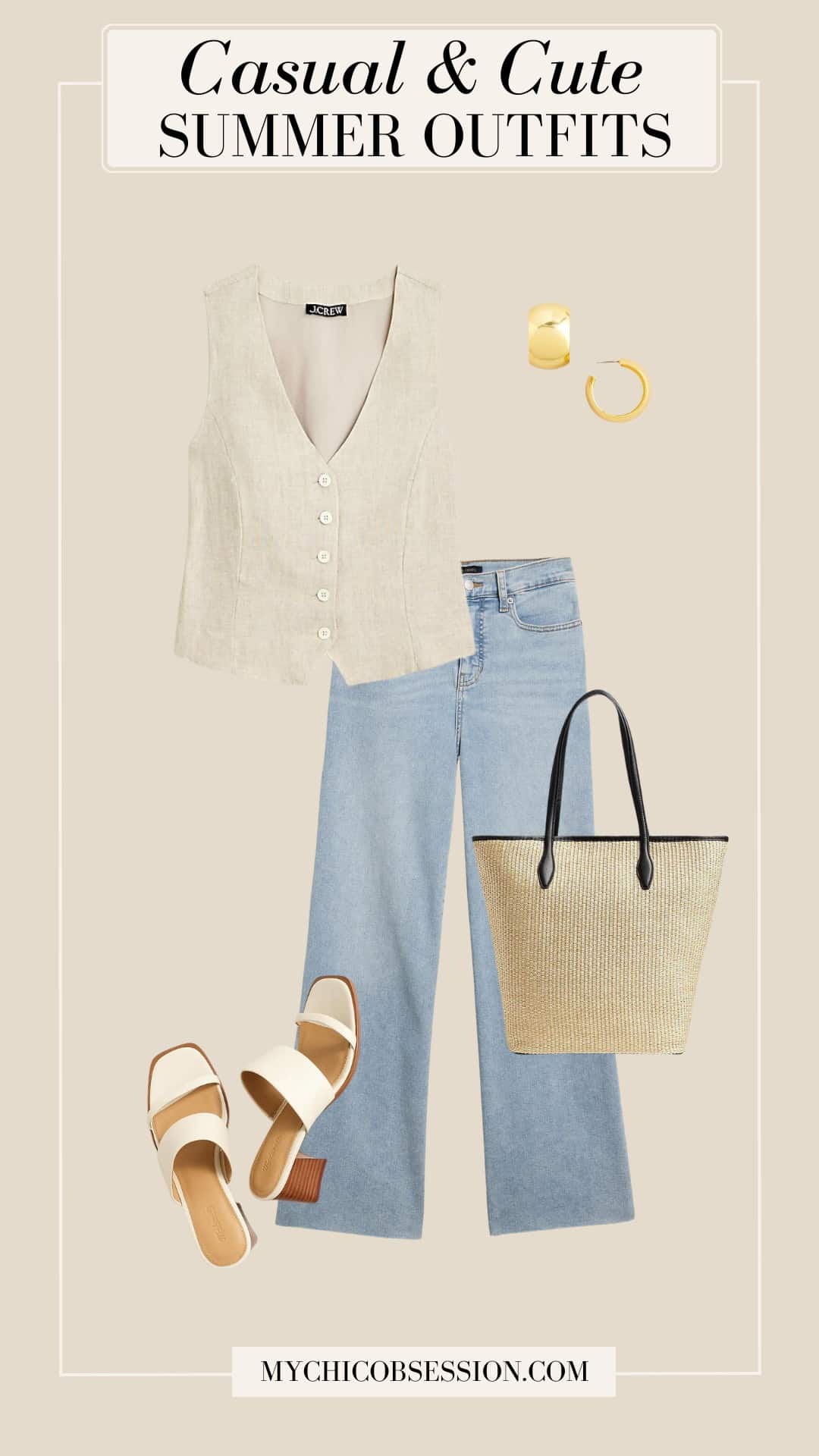casual cute summer outfits - linen vest wide leg jeans sandal heels