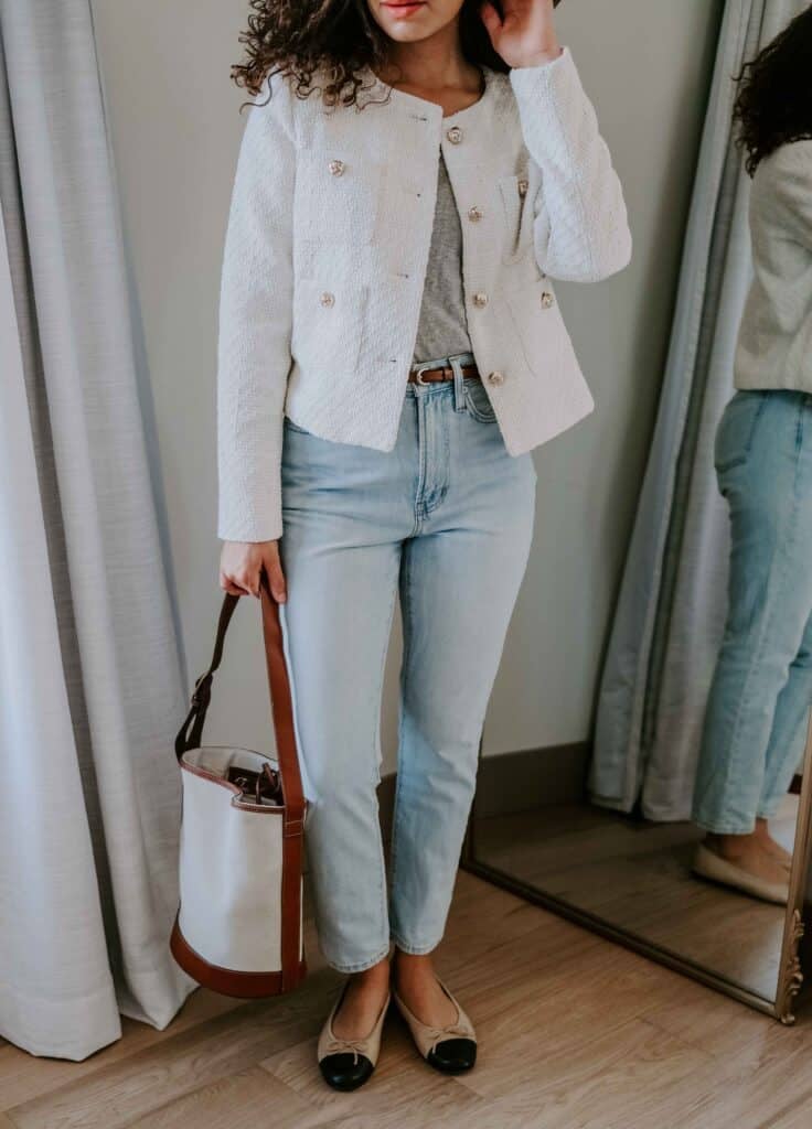 cute outfits with jeans: white lady jacket, jeans, ballet flats