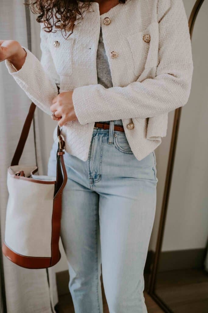 cute outfits with jeans: white lady jacket, jeans, ballet flats