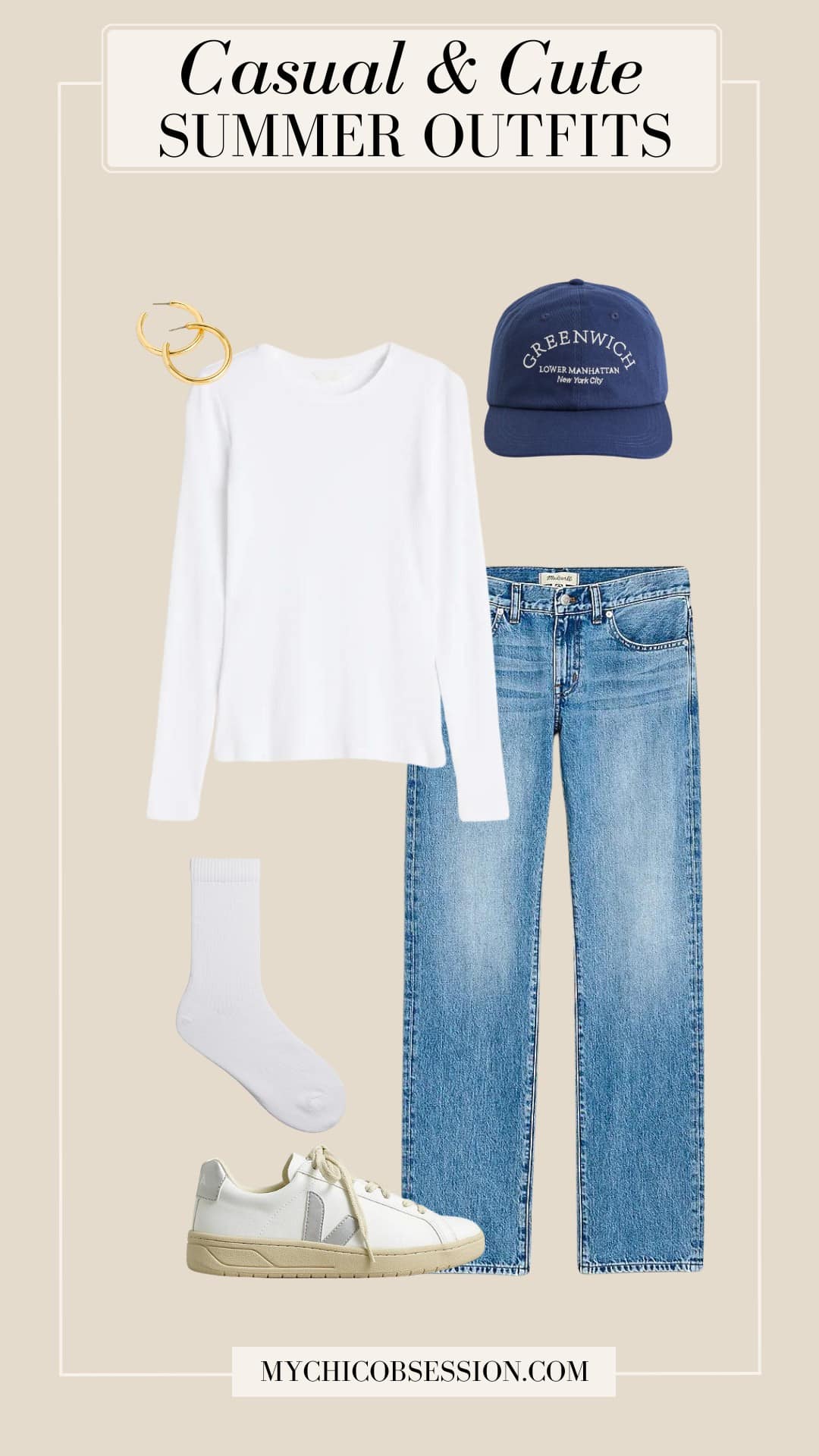 casual cute summer outfit - white long sleeved tee jeans baseball hat sneakers