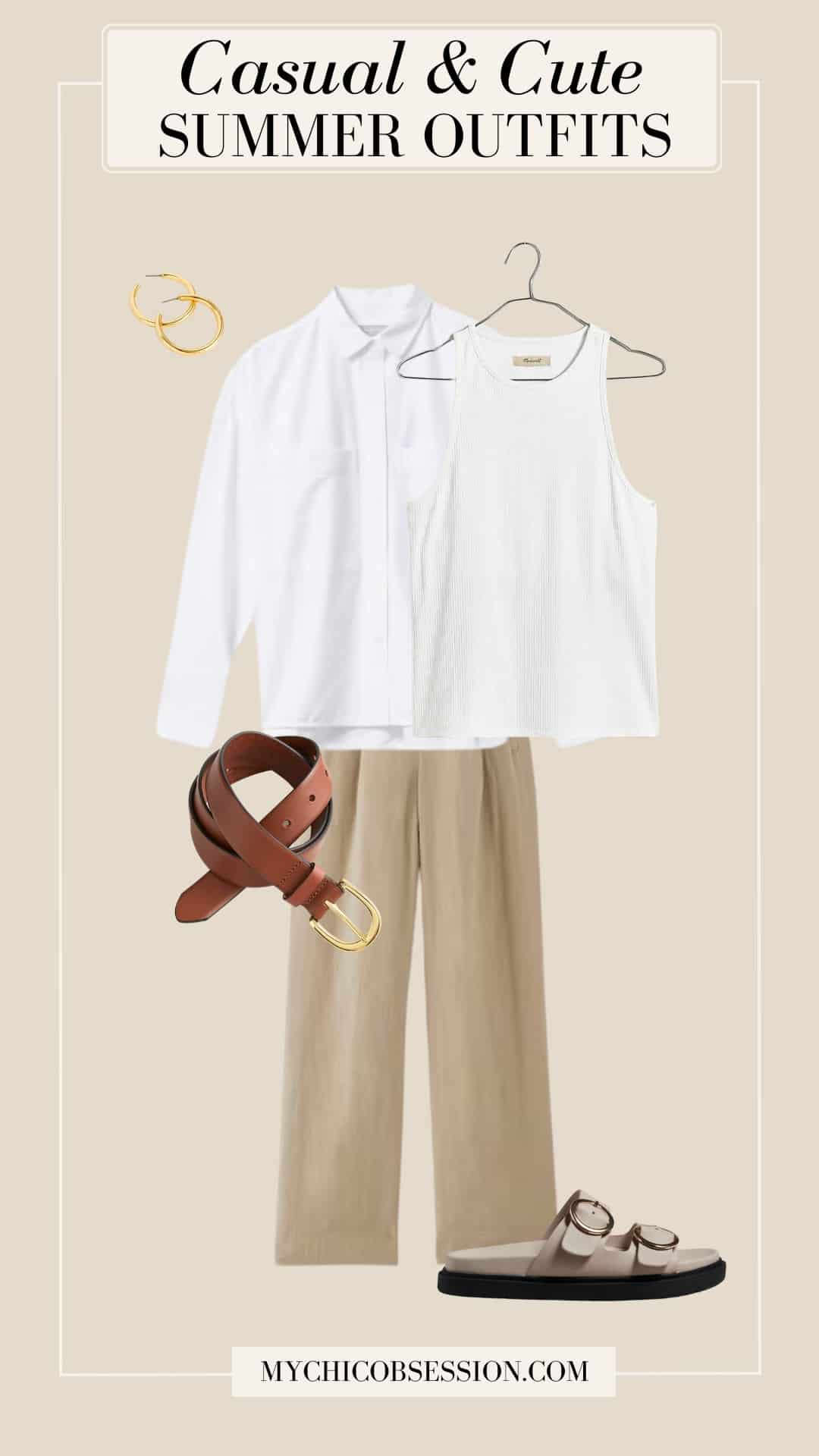casual cute summer outfit - white tank oxford button down linen trousers